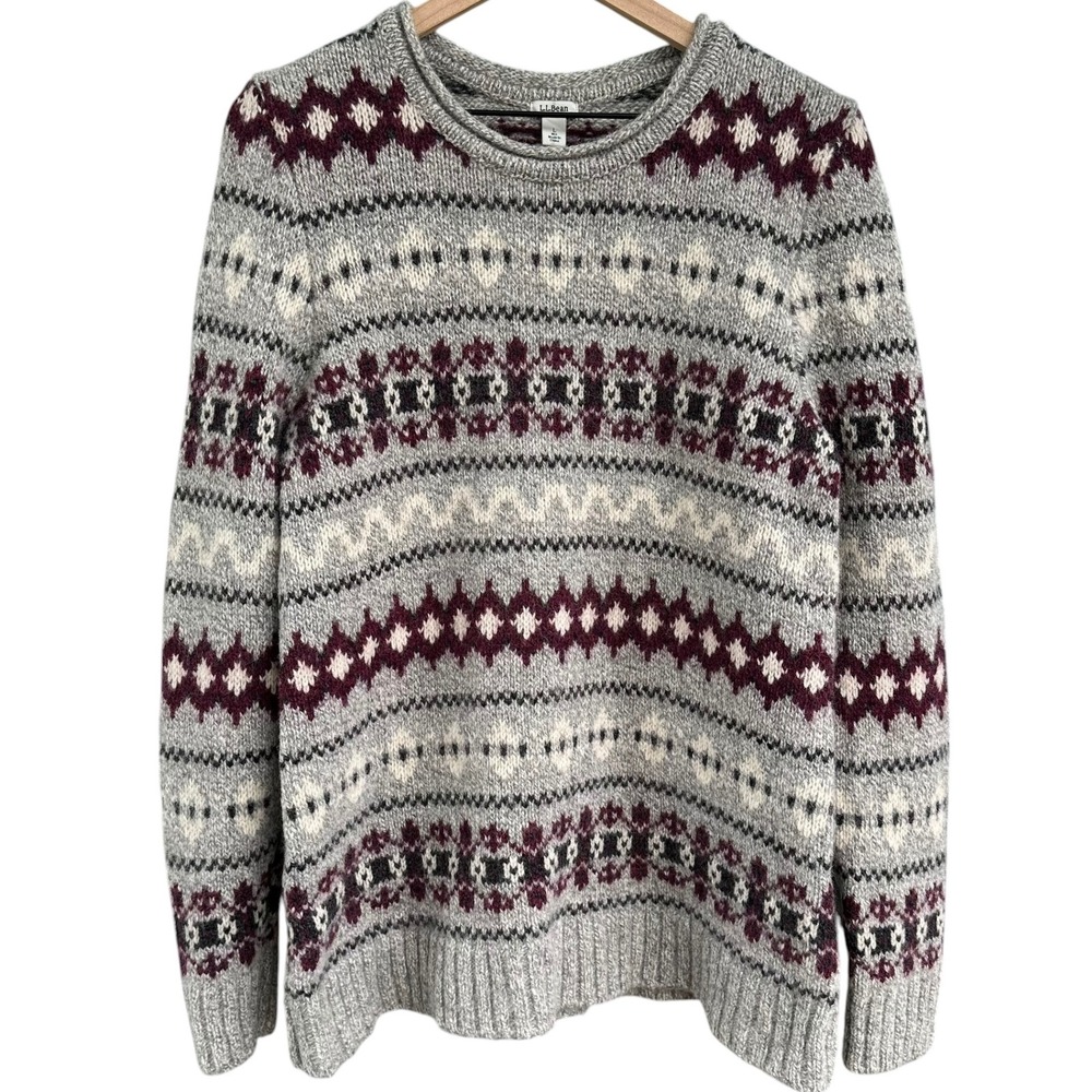 LL Bean 100% Lambswool Fair Isle Sweater Gray Burgundy Women Large Vintage Style